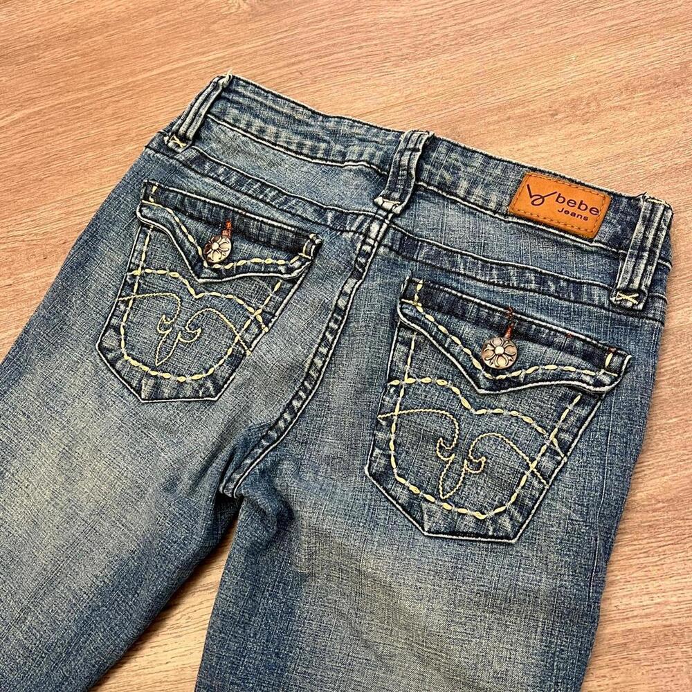 bebe Women's Blue Washed Jeans with Embroidered Back Pockets